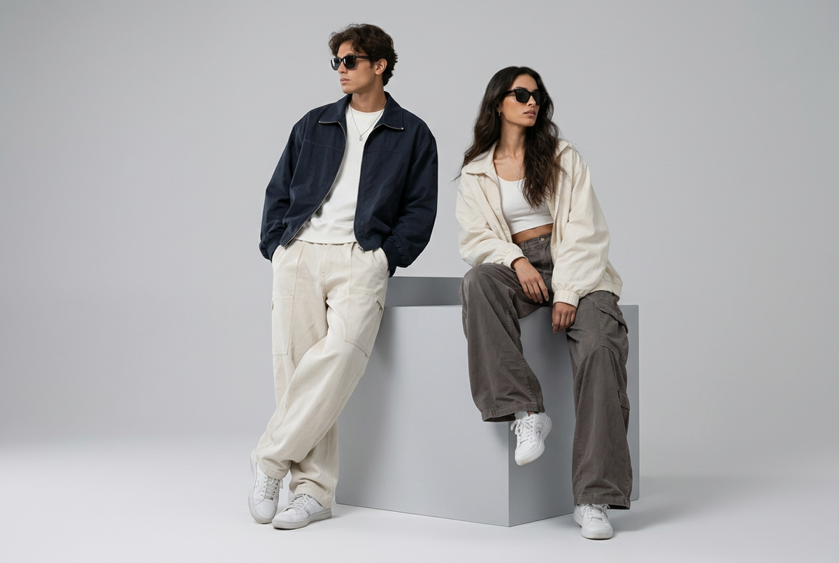 A man and a woman wearing sunglasses sit on a concrete ledge outdoors at sunset, with mountains in the background. The man wears a black jacket over a white shirt and cream pants, and the woman wears a white jacket over a white top and brown pants.