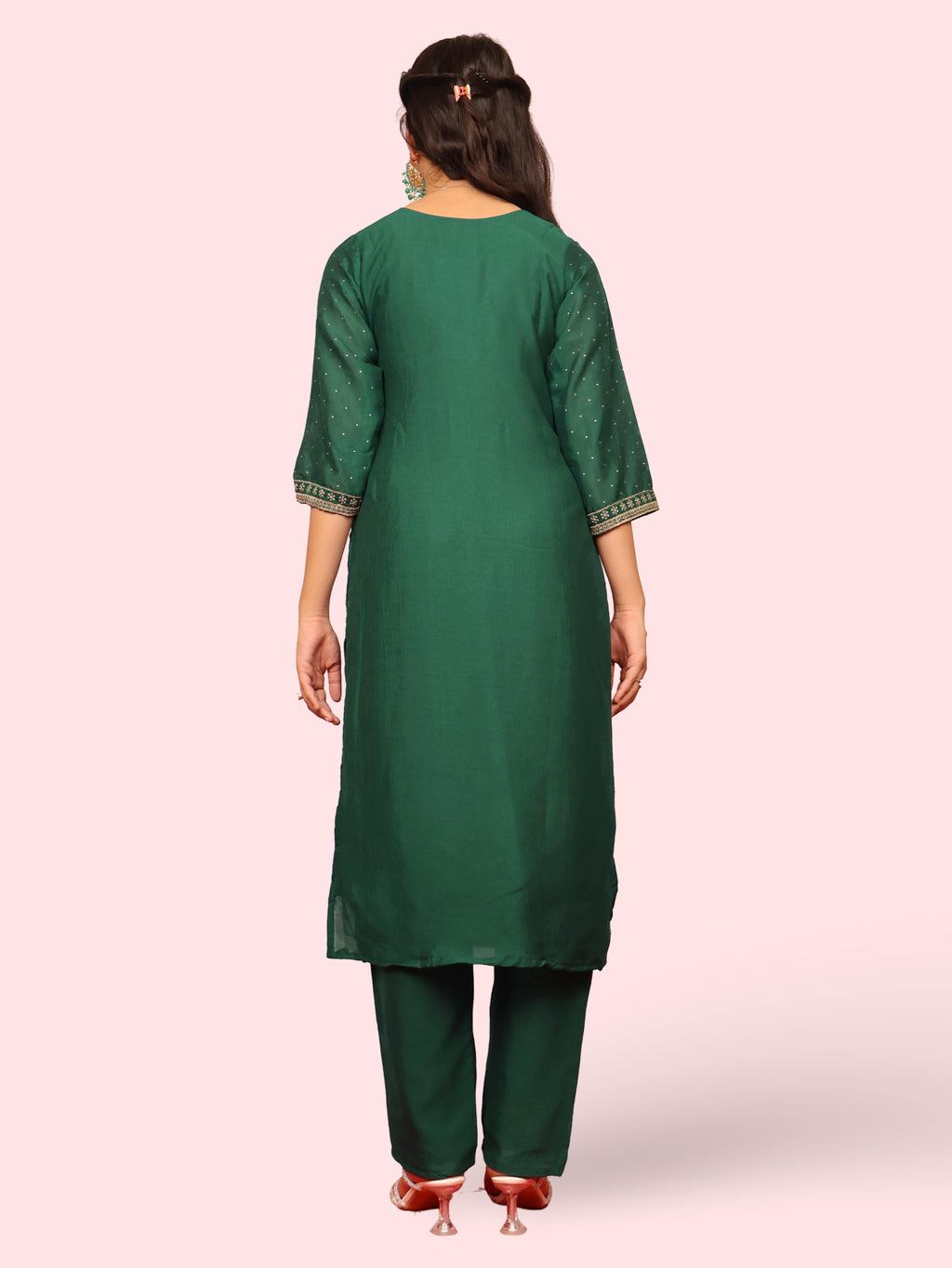 Dark Green Embroidered Straight Suit Set