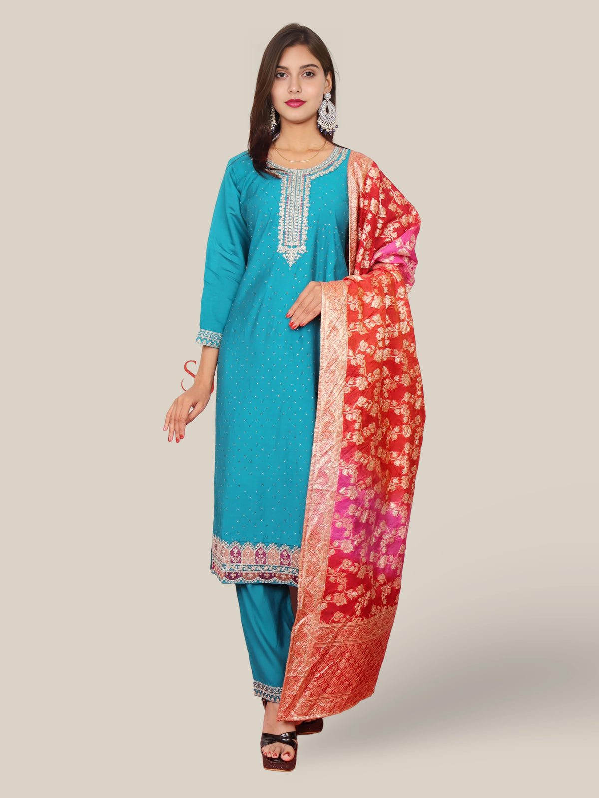 Woman Straight Suit Set with Pant-Dupatta