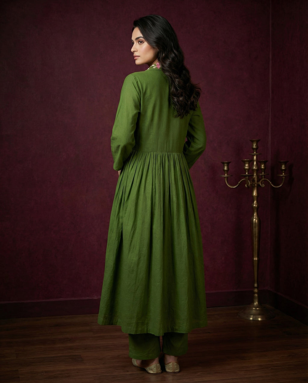 Olive Green Floral Embroidered Anarkali Kurta with Pants Set | Sequin & Embroidery Work
