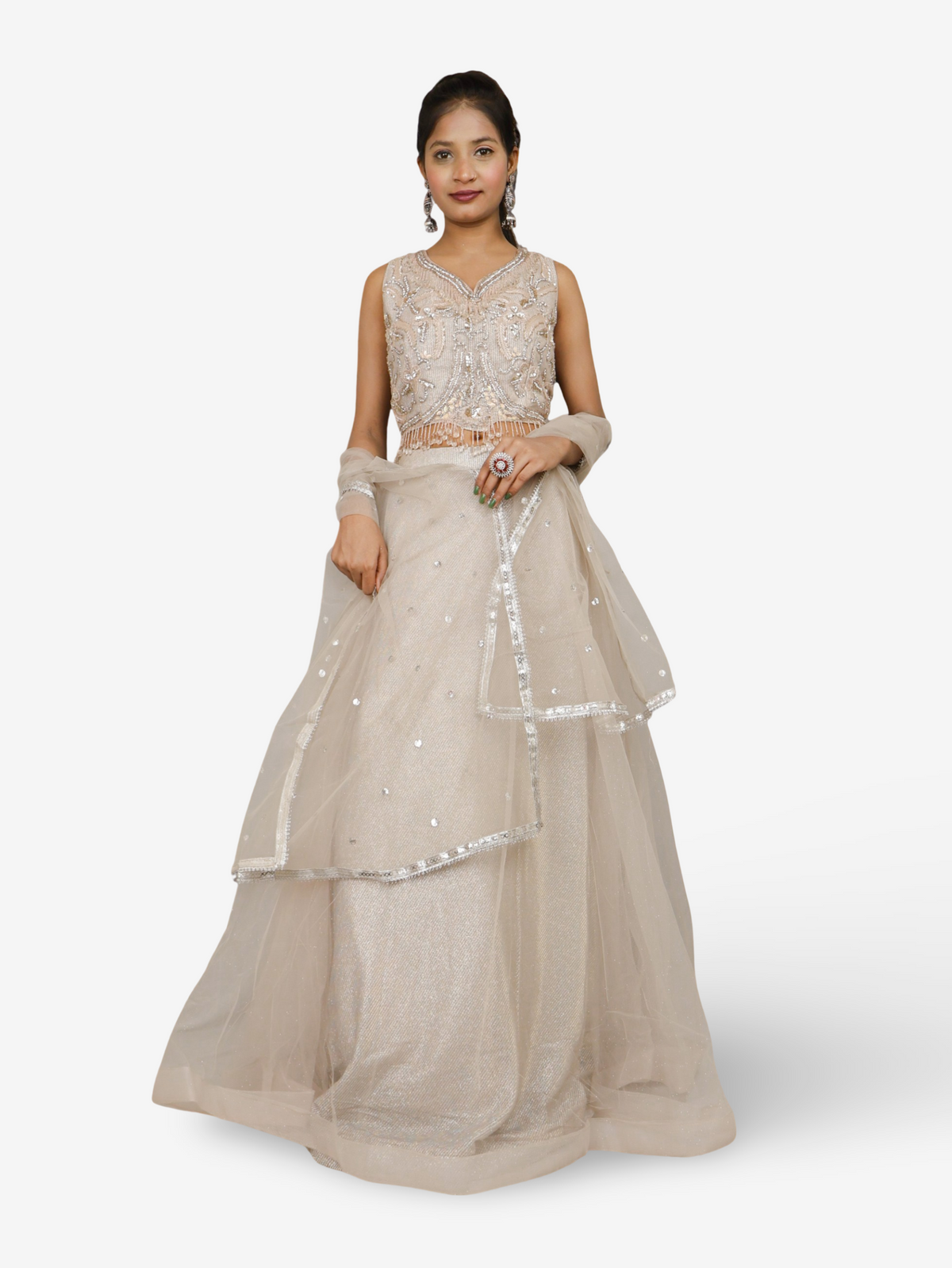 Multi color lehenga with choli peals work and sequins with dupatta for women by Shreekama