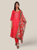Rayon-Cotton Embroidered Straight Kurti with Pant and Dupatta