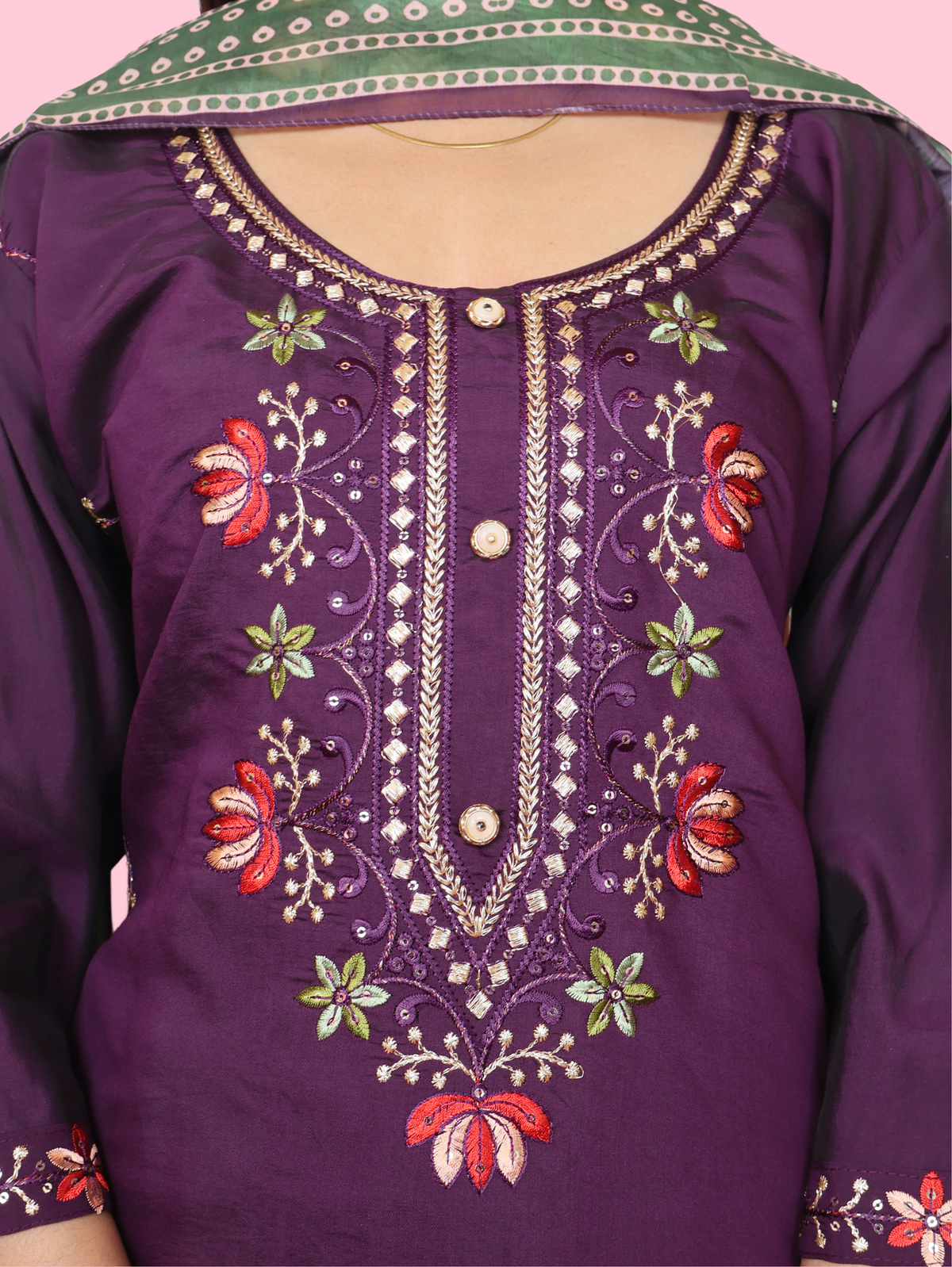 Rayon-Cotton Embroidered Straight Kurti with Pant and Dupatta
